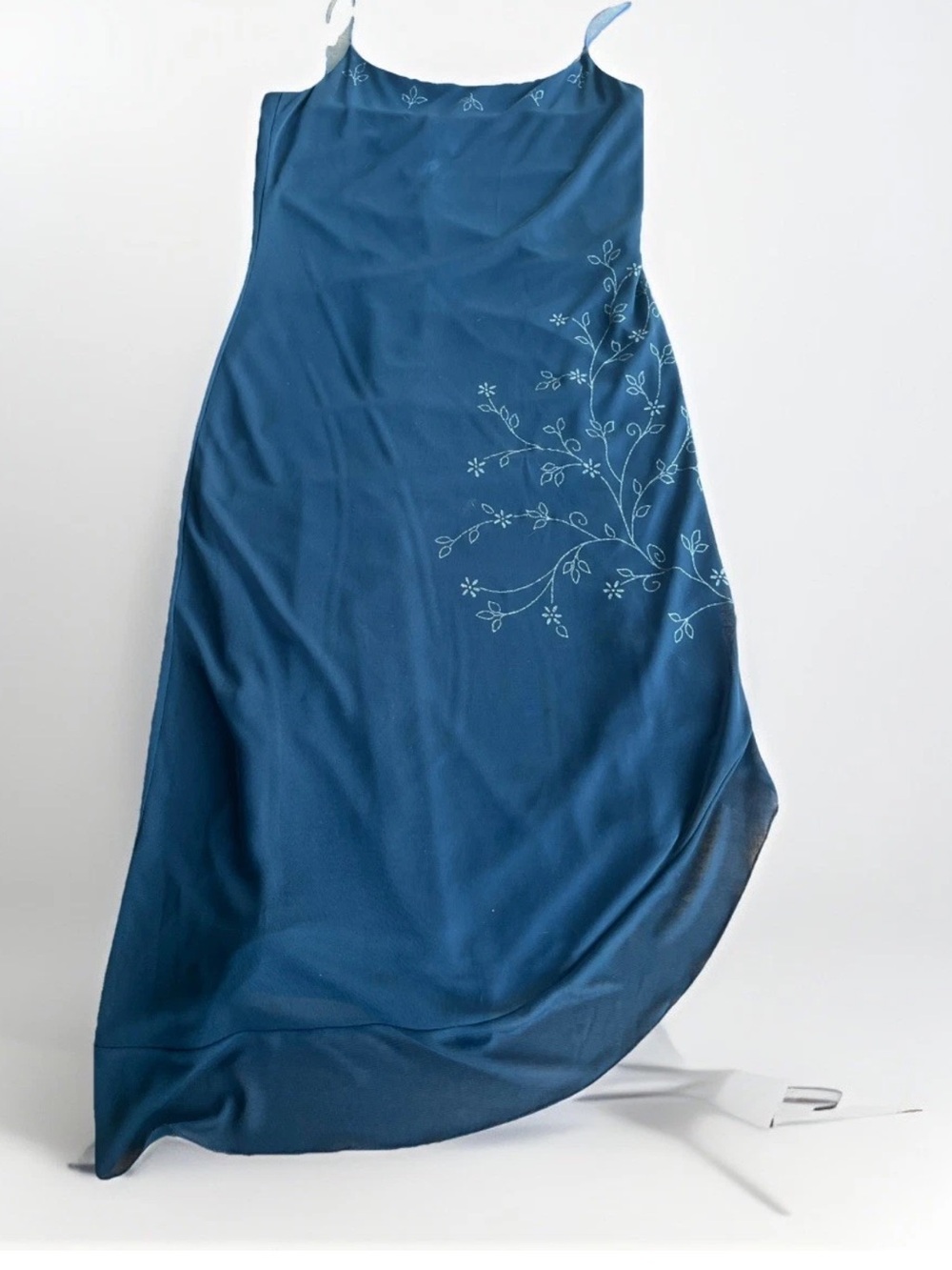 Y2K Navy Blue Slip Dress M Fairy Cottagecore  Embroidered Midi Asymmetrical Byer